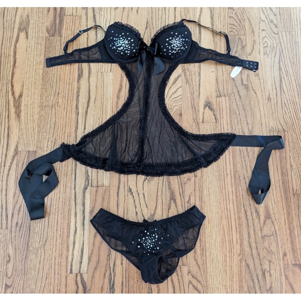 Victoria's Secret Black Sheer Mesh Rhinestone Babydoll Sexy Lingerie Set 36B NWT